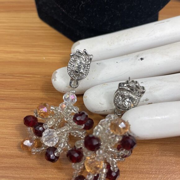 Vintage Beaded Necklace set earrings bracelet ring faux clear and ruby bead - Picture 6 of 16